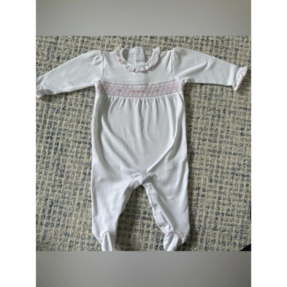 Kissy Kissy Hand Smocked CLB Charmed, White & Pink footie - size 9m